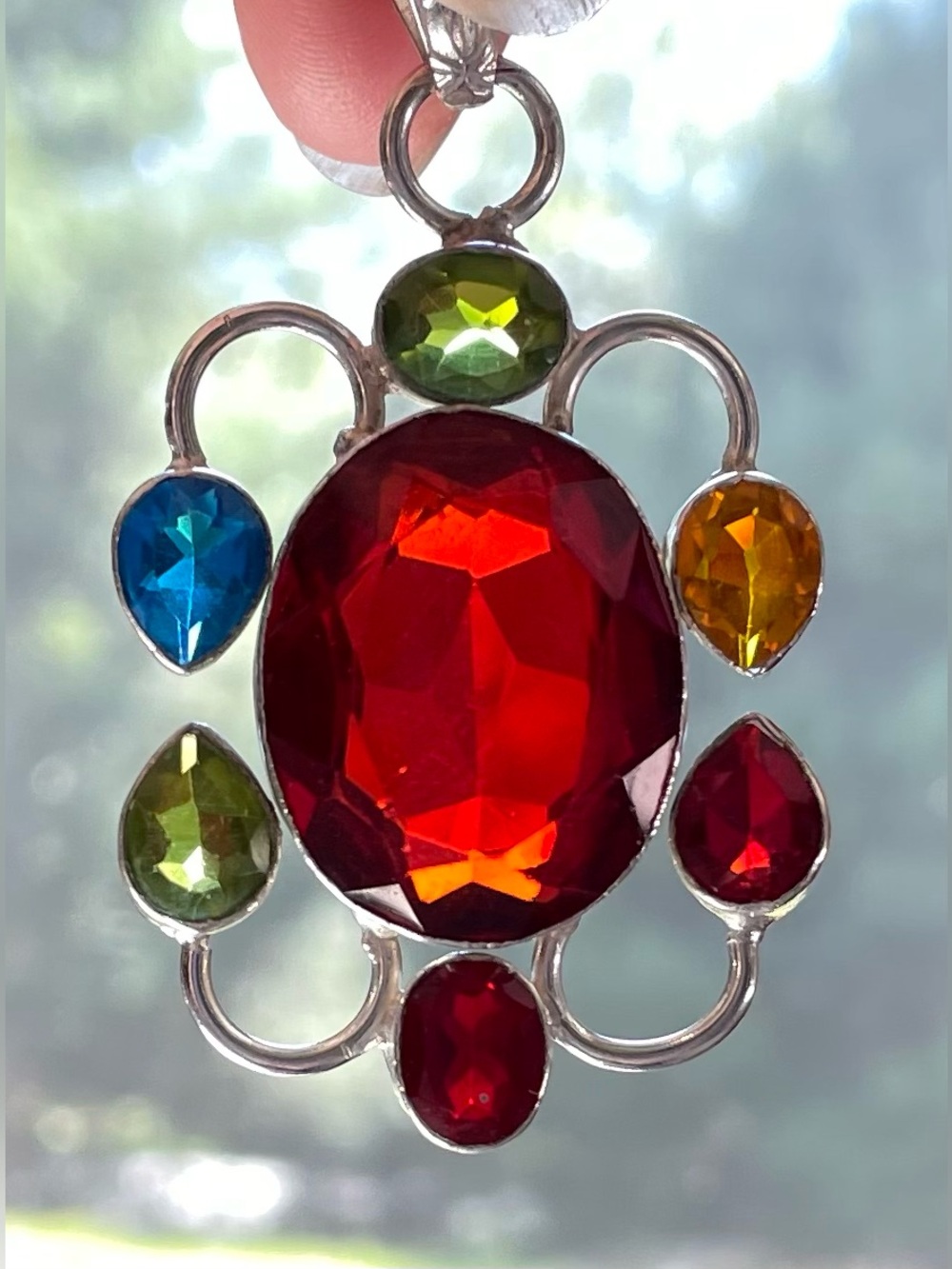 Multicolor Gemstone sterling Silver Pendant For Necklace - Bold Red Center